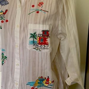 GRAFF VINTAGE 80’S EMBROIDERED WHITE BLOUSE PARISIAN SCENES SIZE PL